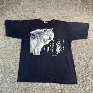 VINTAGE 90s Harlequin Wolf Shirt Mens XL Black White Single Stitch Canada 1990